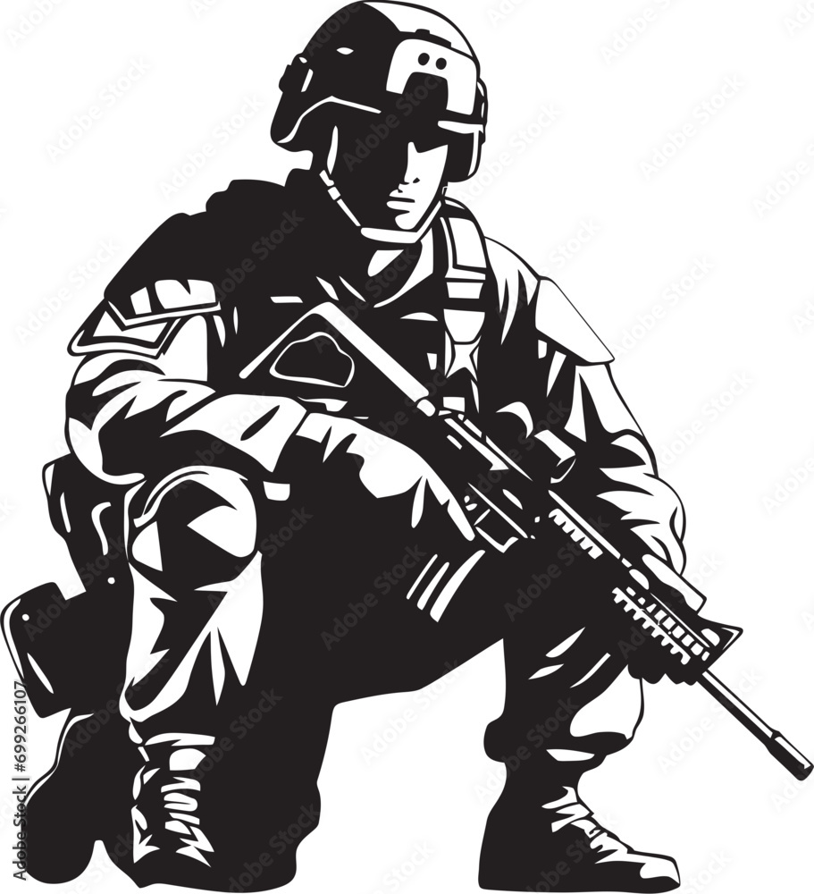 Fototapeta premium Strategic Defender Black Vector Armyman Logo Combat Vanguard Armed Forces Emblem Design