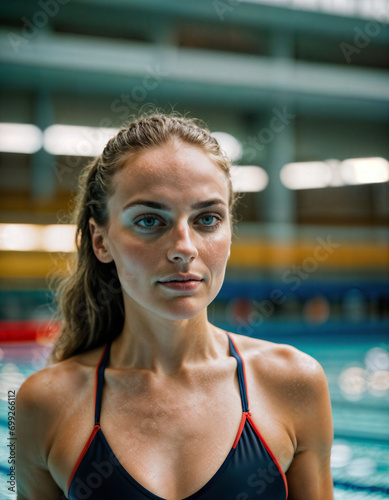 photo of beautiful woman as a swimmer athlete with swimming suit at swimming pool, generative AI