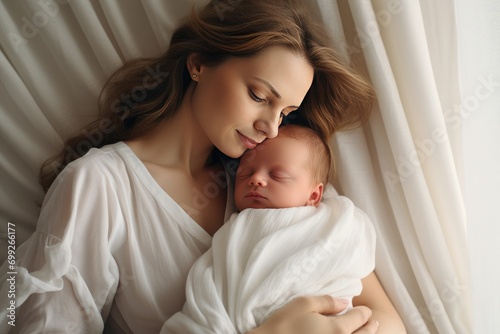 A young mom holds her newborn baby in her arms and sleep. Happy motherhood. A mother's love. Birth of a child. breastfeeding
