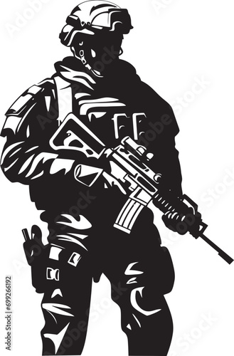Combat Vigilance Black Logo Icon of an Armed Soldier Warrior Strength Vector Armyman Emblem in Black
