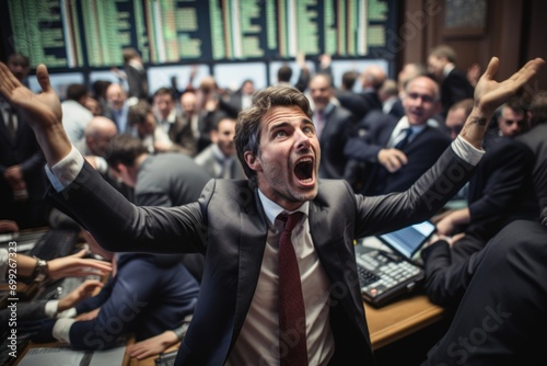 A stock trader shouting hysterically among traders in exchange hall during a market crash in stock exchange.