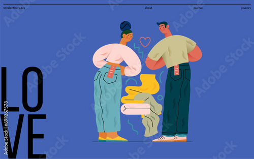 Valentine: Perfect Fit - modern flat vector concept illustration of a couple trying on jeans in a fitting room. Metaphor for finding the right match in love as in life