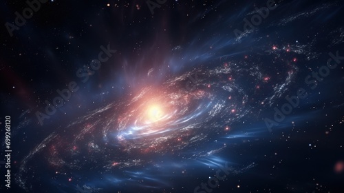 Spiral galaxy with bright core, surrounded by stars and cosmic dust. Ideal for educational content, posters, and wallpapers. Cosmic Beauty
