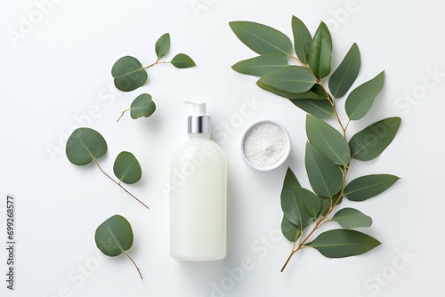 Spa concept with eucalyptus oil and eucalyptus leaf extract natural /organic spa cosmetics products, eco friendly bathroom accessories