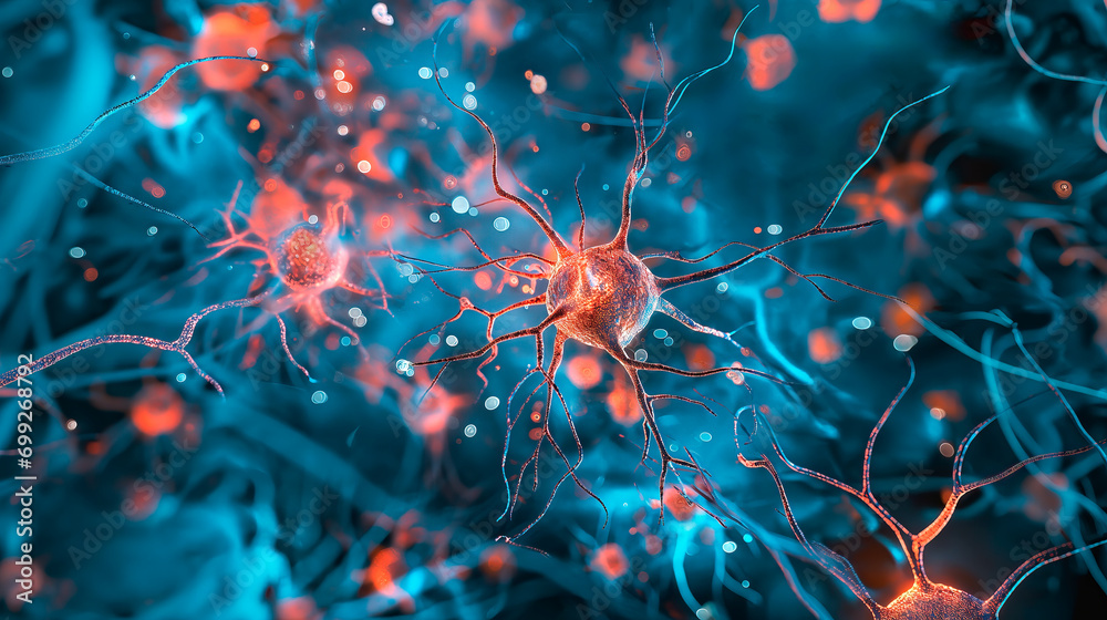 Neurons with electrical activity in blue and red colors - obrazy, fototapety, plakaty 