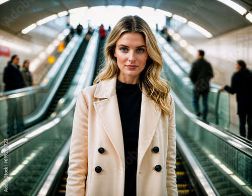 photo of beautiful woman with winter coat standing in front of escalator, generative AI