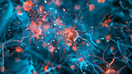 Neurons with electrical activity in blue and red colors photo