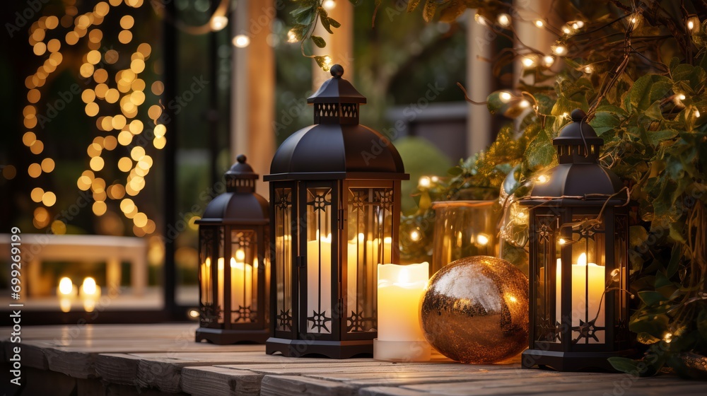 Fairy lights and rustic lanterns create a magical ambiance in this garden setting, perfect for a twilight gathering