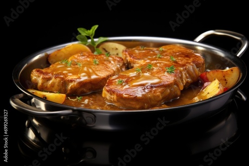 apples and pork chops in a pan with gravy