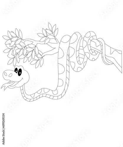 Cute Snake on tree Black and White vector illustration coloring book for kids 