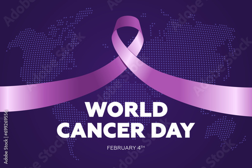 World cancer awareness day banner design concept. Purple ribbon on world map for February 4th stop cancer campaign symbol. Attention to healthcare background. Vector eps print