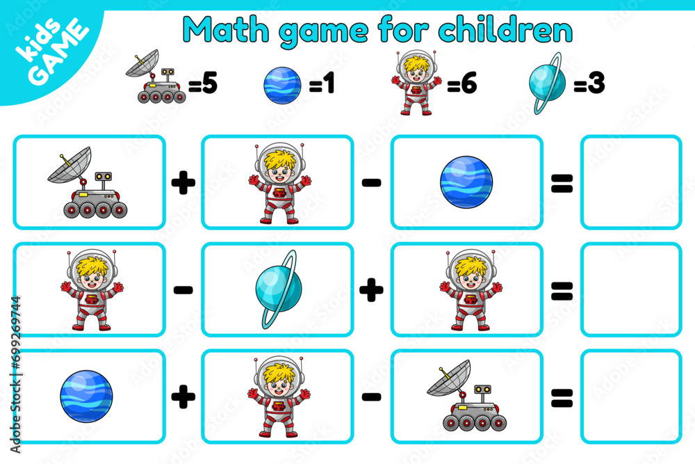 Obraz premium Counting space game for kids. Math exercises for the study of numbers. Worksheet for preschool and school education children. Cartoon astronaut, lunar rover, planets Uranus and Neptune. Vector sheet.