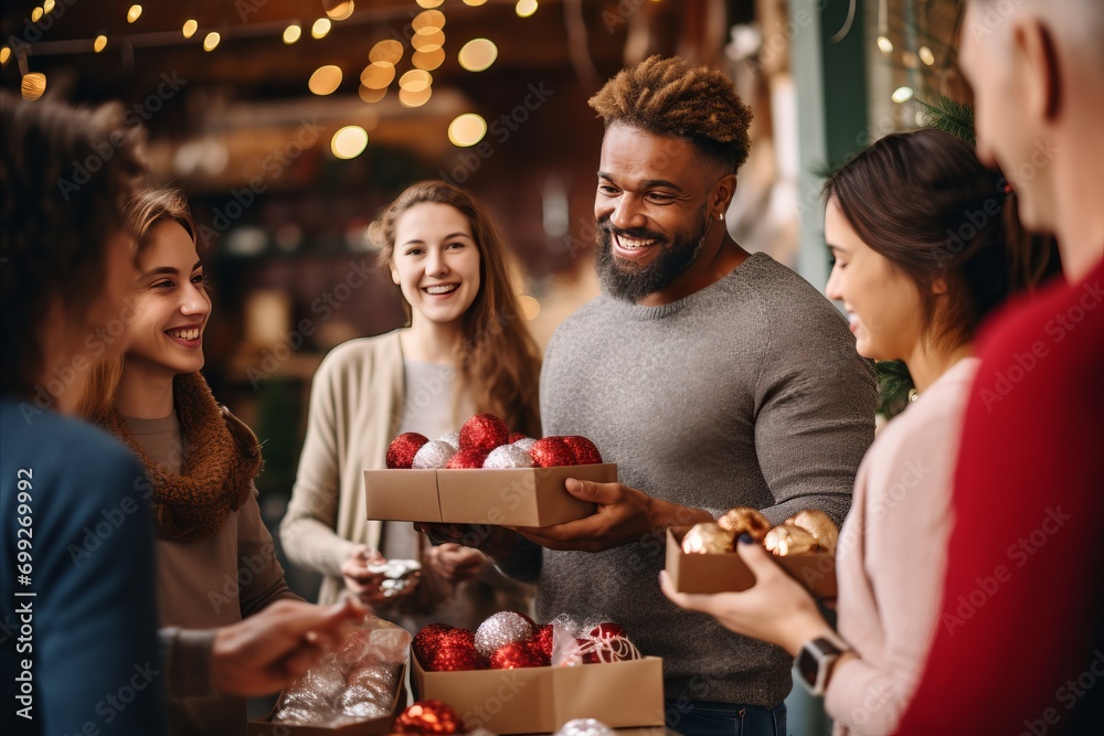 A group of friends share the joy of the holiday season, exchanging gifts and smiles in a cozy atmosphere A group of friends share the joy of the holiday season, exchanging gifts and smiles in a cozy atmosphere