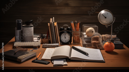 Office supplies lying on a wooden table