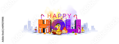 Holi color festival of India. Happy Holi 3d text with colorful splash background, city building skyline look and people playing Holi.