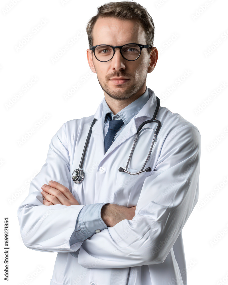 portrait of a doctor man, potrait of A happy european male doctor standing with your arms crossed with confidence 