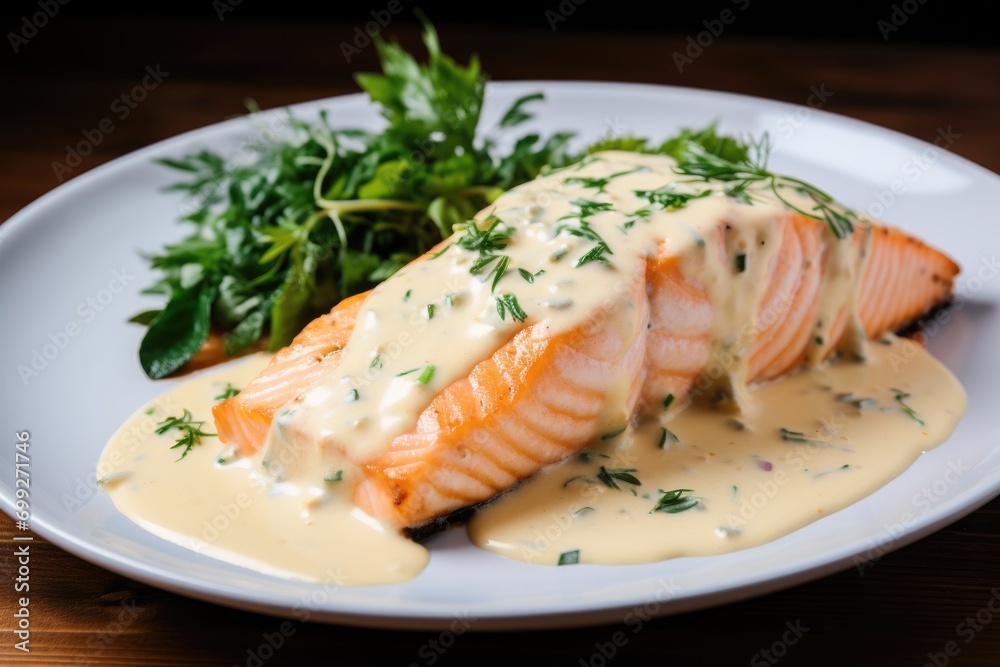 Salmon with sauce on plate