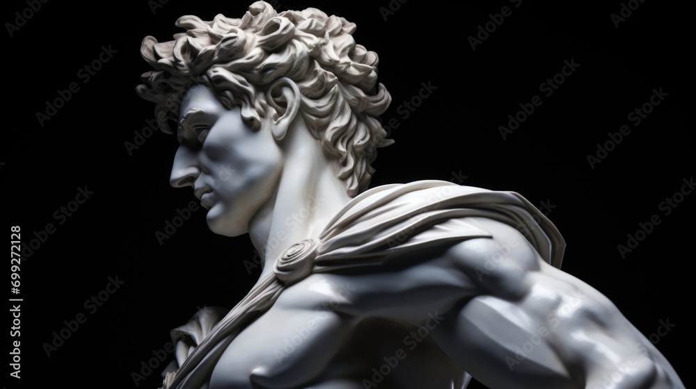 a depiction of a classic Renaissance marble statue that captures the intricate detail of a muscular male figure.