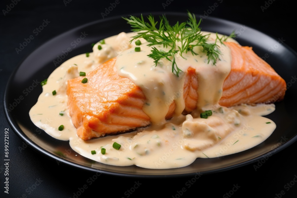 Salmon with sauce on plate