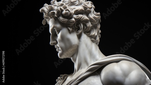 a depiction of a classic Renaissance marble statue that captures the intricate detail of a muscular male figure.