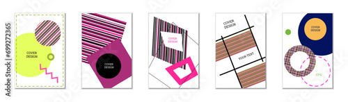 Geometric cover design, set of 5 covers. Abstract unusual background in Memphis style. Bright geometric shapes in random order