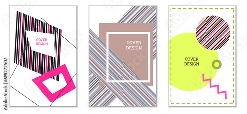Geometric cover design, set of 3 covers. Abstract unusual background in Memphis style. Bright geometric shapes in random order