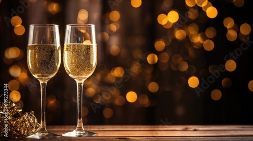 new year nwt champagne glasses on a wooden table, in the style of bright backgrounds, dark gold --ar 25:14 --v 5.2 Job ID: 79937572-4688-40b7-91e1-66c912eb97be
