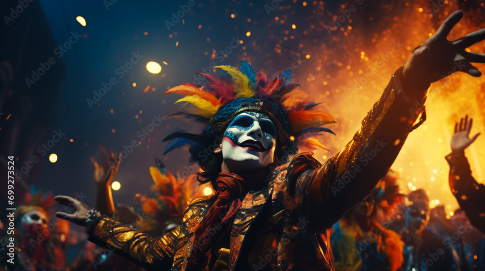 Man with Festive Makeup and Headdress with Colorful Feathers Masquerade Carnival Night. Background Celebrating Crowd People and Bright Fireworkss. Traditional Holiday Pageant and Mardi Gras Parade Man with Festive Makeup and Headdress with Colorful Feathers Masquerade Carnival Night. Background Celebrating Crowd People and Bright Fireworkss. Traditional Holiday Pageant and Mardi Gras Parade