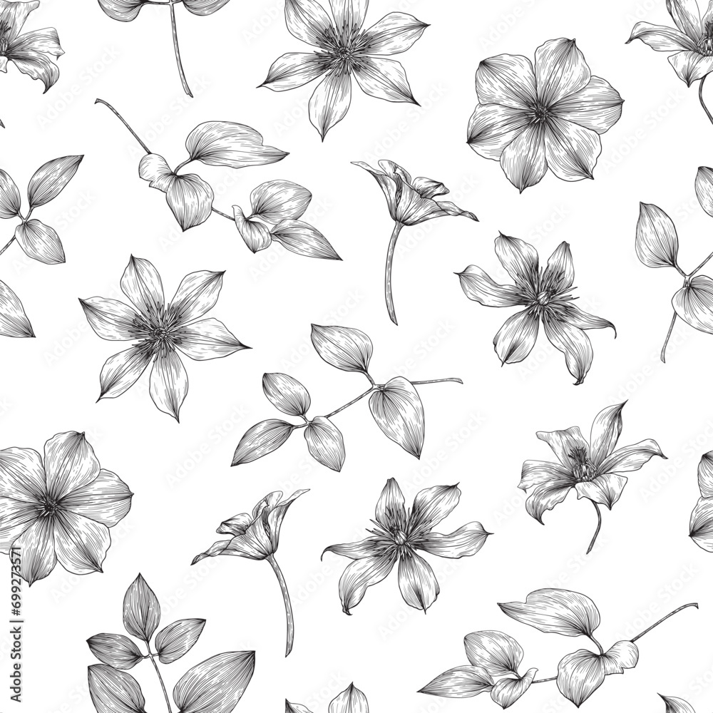 Flowers and leaves of Clematis Black and white Vector seamless pattern. Hand drawn sketch. Elegant floral elements. Background for design packaging , textile, wallpaper, fabric