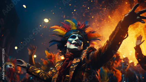 Man with Festive Makeup and Headdress with Colorful Feathers Masquerade Carnival Night. Background Celebrating Crowd People and Bright Fireworkss. Traditional Holiday Pageant and Mardi Gras Parade