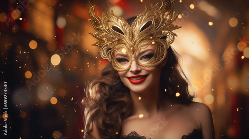 Portrait Elegant Young Adult Woman in Golden Masquerade Mask for Carnival Smiling. Blurred Glowing Yellow Bokeh Background. Mysterious Female Look. Traditional Holiday Pageant and Mardi Gras Concept.