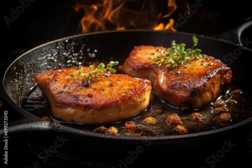pork chops with black pepper in a frying pan