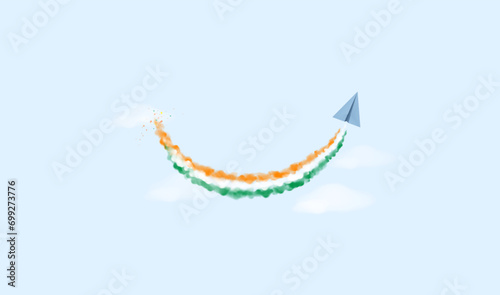 Vector illustration of Indian Army parade at India gate. 26 January republic day of india celebration. airplane with tricolor smoke smiley in sky.