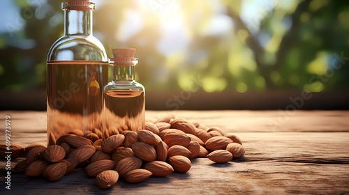 Almond oil in a bottle and almonds on a wooden table. photo