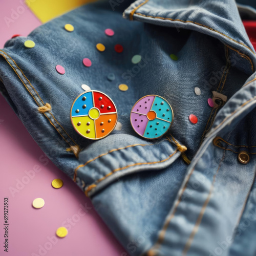 Colorful Enamel Pins on Denim Jacket - Pop art styled photo of vibrant enamel pins with vivid contrasting halftone dots on a colorful background Gen AI