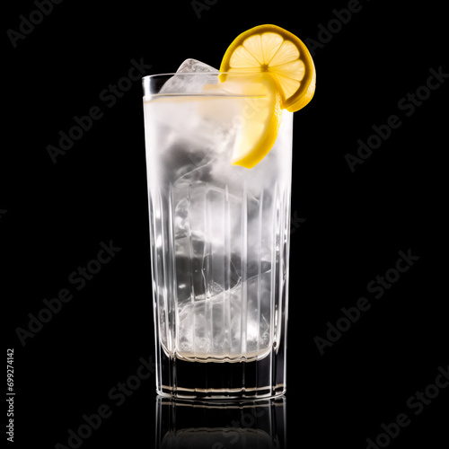 Refreshing classic Tom Collins or Whiskey sour cocktail with a maraschino cherry and lemon slice on black background