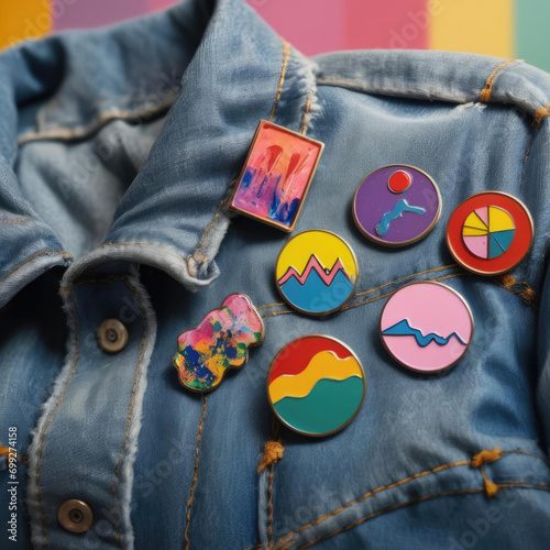Colorful Pop Art Enamel Pins on Denim Jacket Lapel | Abstract Expressionist Splashes Gen AI photo
