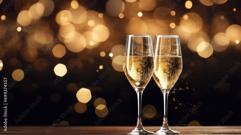 two glasses of champagne in front of blurry golden lights