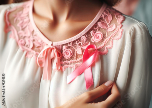 Woman wearing a pink awareness ribbon. Breast cancer symbol. AI generative © Formatoriginal