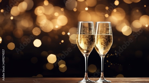 two glasses of champagne in front of blurry golden lights