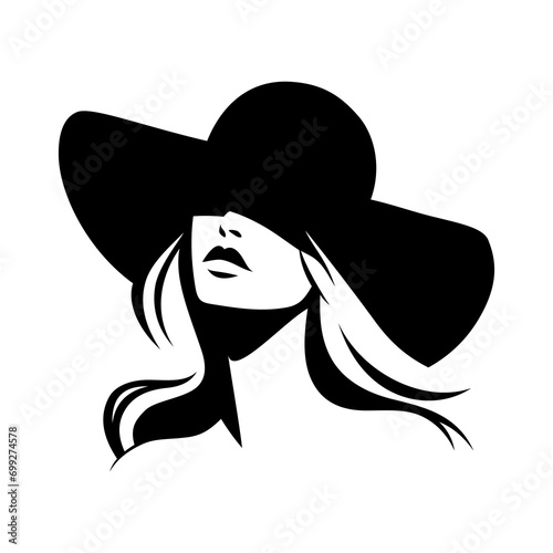 Portret pi  knej kobiety w eleganckim kapeluszu z szerokim rondem. M  oda dziewczyna narysowana w minimalistycznym stylu. Ilustracja wektorowa High Fashion.  