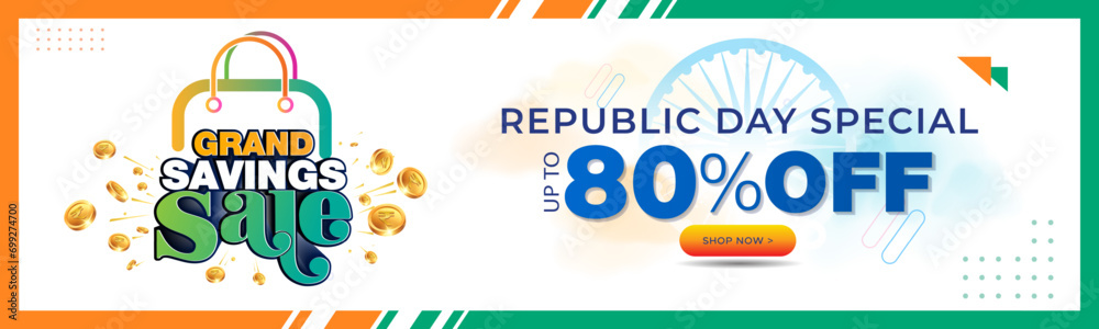 Vector shopping website banner, advertising sales promotion big saving concept design for India republic day. Upto 80% off discount offer deal. - obrazy, fototapety, plakaty 
