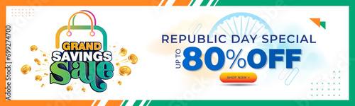 Vector shopping website banner, advertising sales promotion big saving concept design for India republic day. Upto 80% off discount offer deal.
