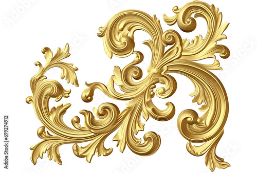 Golden baroque ornament elements isolated on white transparent background, png