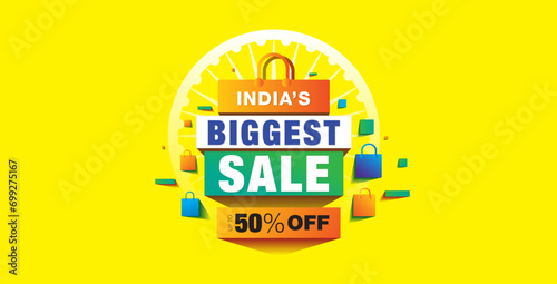 Editable Vector File for Advertisment and Shopping concept design for Republic day of India. Indian biggest sale text with 3d tricolor Shopping bag.
