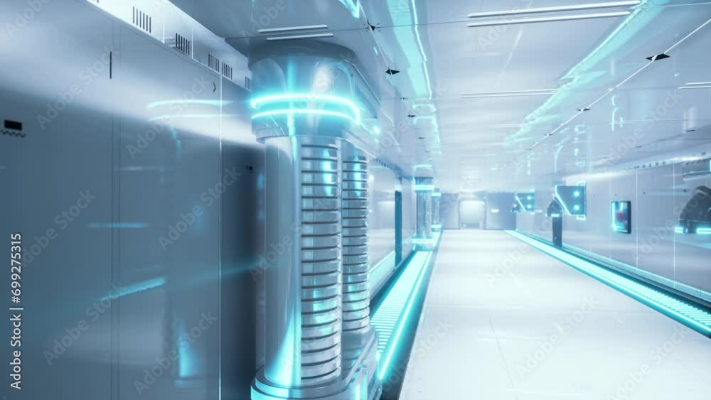 A futuristic hallway with blue and white lights