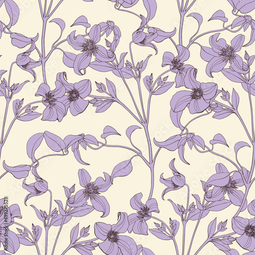 Toile art Floral vector vintage seamless pattern flowers of Clematis purple fill on beige. Hand drawn background.Textiles, paper, wallpaper decoration