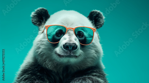 A panda wearing sunglasses in front of a turquoise background.