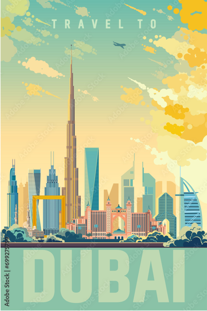 Obraz premium Dubai city landmark vector retro poster design