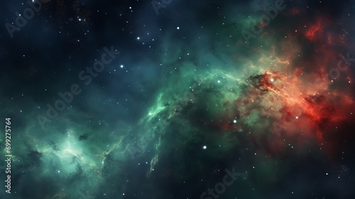 Green and red color tones of outer space galaxy  supernova nebula background